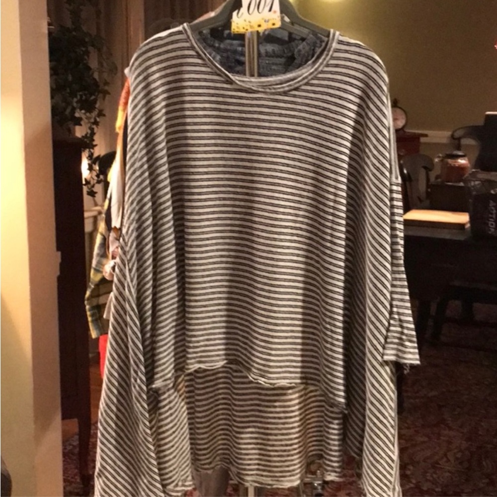 Free People Black Striped Oversized T with 3/4 Sleeves
